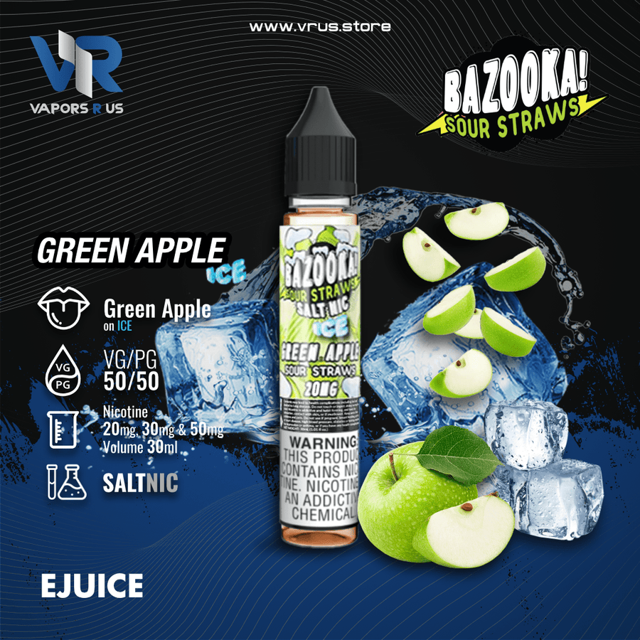 BAZOOKA - SOUR STRAWS - Green Apple on Ice 30ml (SaltNic) | Vapors R Us LLC